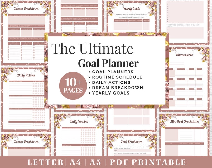 Goals Planner Printable | Rose Gold Productivity Tracker | Digital Download | Printable Planner | US Letter, A4, A5 Journal Template | PDF