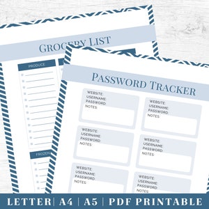May include: Printable grocery list and password tracker with blue and white striped borders. The grocery list has sections for produce and frozen items. The password tracker has sections for website, username, password, and notes.