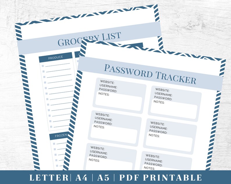 May include: Printable grocery list and password tracker with blue and white striped borders. The grocery list has sections for produce and frozen items. The password tracker has sections for website, username, password, and notes.