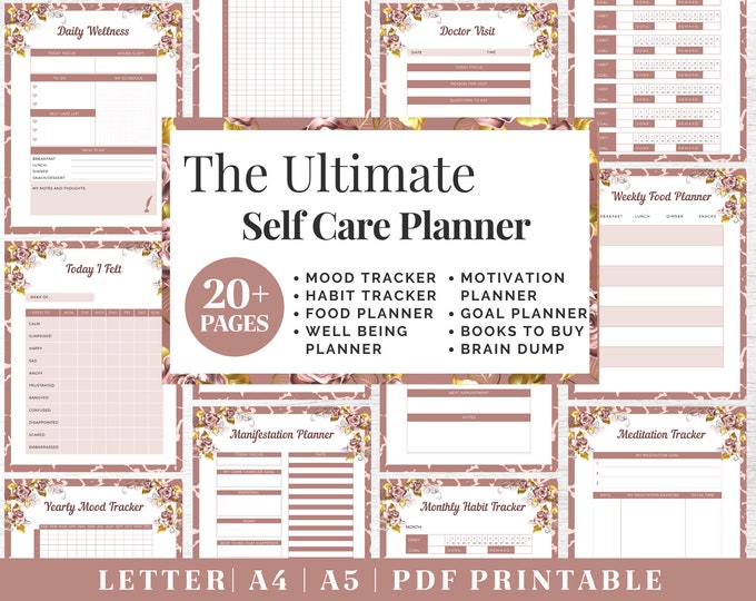Self-Care Journal Printable | Rose Gold Wellness Planner | Digital Download | Printable Planner | US Letter, A4, A5 Journal Template | PDF