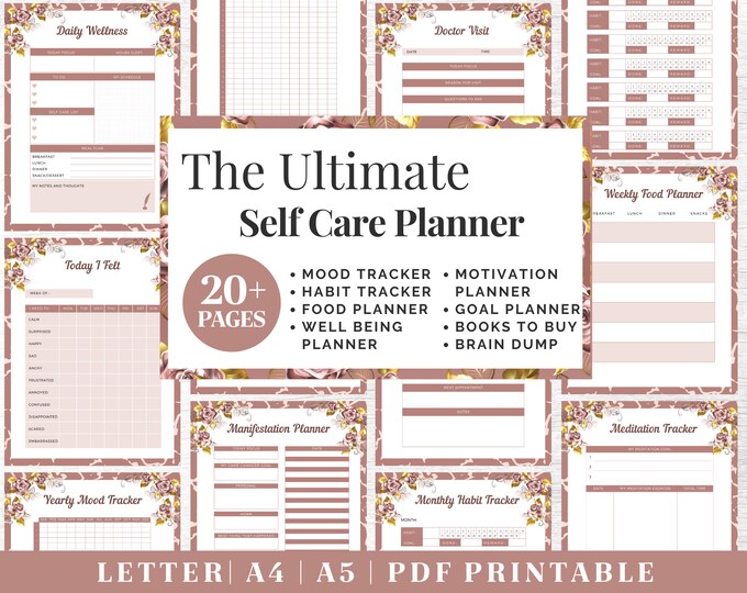 Self-Care Journal Printable | Rose Gold Wellness Planner | Digital Download | Printable Planner | US Letter, A4, A5 Journal Template | PDF