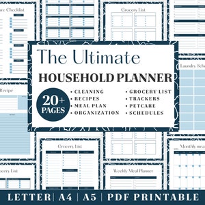 May include: A printable household planner with a blue and white color scheme. The planner includes sections for grocery lists, meal planning, cleaning, pet care, and more. The text "The Ultimate Household Planner" is featured in a large font at the top of the image.