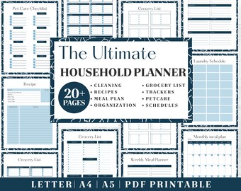 Puede incluir: Un planificador de hogar imprimible con un esquema de color azul y blanco. El planificador incluye secciones para listas de la compra, planificación de comidas, limpieza, cuidado de mascotas y mucho más. El texto "The Ultimate Household Planner" aparece en una fuente grande en la parte superior de la imagen.