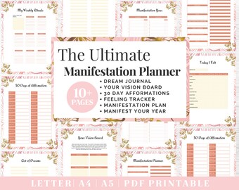 Pode incluir: Um planejador de manifestação digital com um tema de borboletas rosa e douradas. O planejador inclui seções para rituais semanais, afirmações, diário de sonhos e quadros de visão. O texto diz "The Ultimate Manifestation Planner" e "10+ Pages". Imprimível nos tamanhos Carta, A4 e A5.
