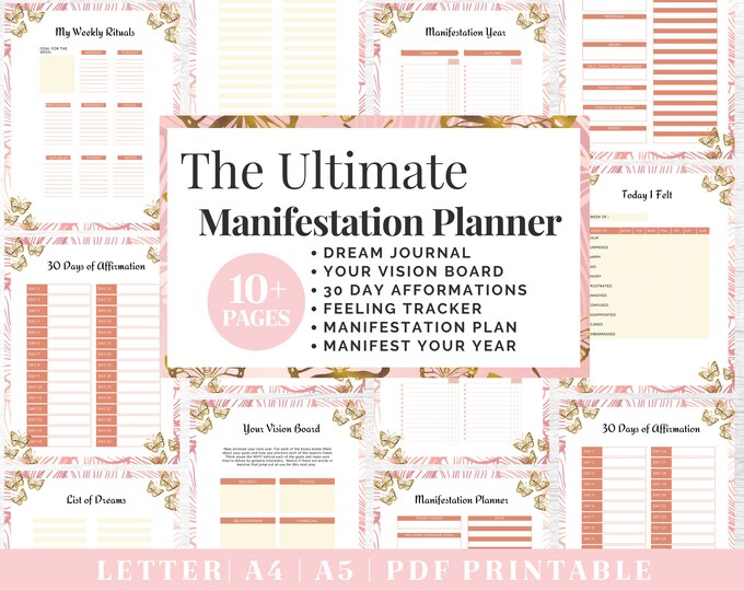 Manifest Journal Printable | Pink & Gold Gratitude Planner | Digital Download | Printable Planner | US Letter, A4, A5 Journal Template | PDF