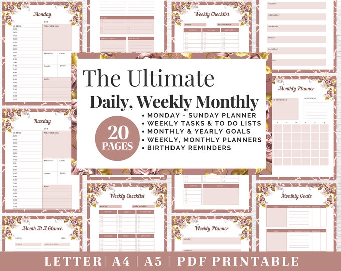 Productivity Planner Printable | Daily Weekly Monthly Tracker | Digital Download | US Letter, A4, A5 Journal Template | PDF