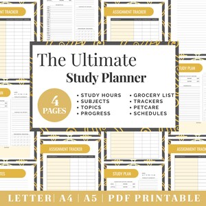 Planificador de estudios imprimible / Seguimiento de tareas Gold / Descarga digital / Planificador imprimible / Plantilla de diario tamaño carta, A4 y A5 / PDF