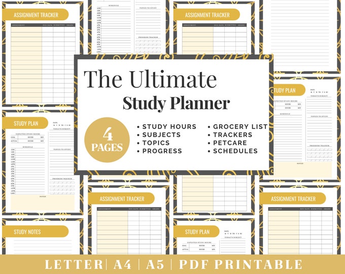 Study Planner Printable | Gold Assignment Tracker | Digital Download | Printable Planner | US Letter, A4, A5 Journal Template | PDF