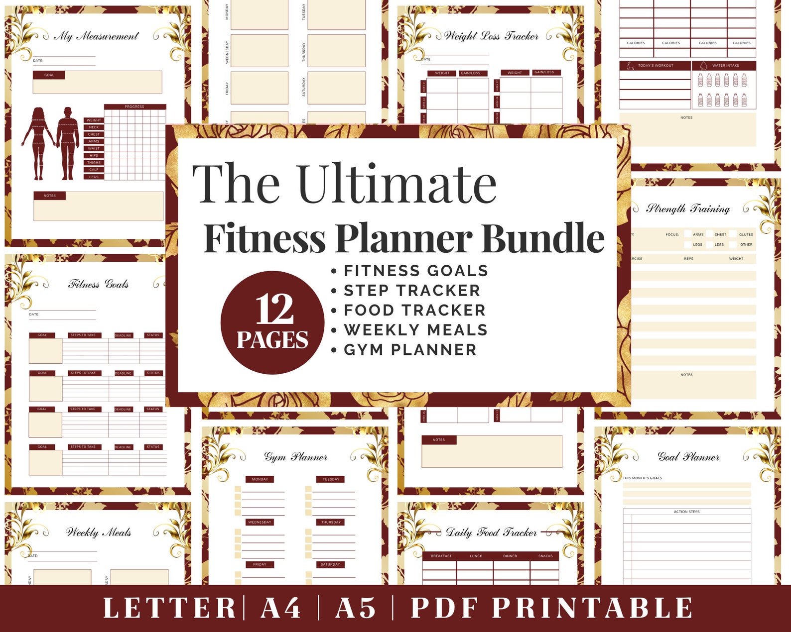Fitness Planner Printable Red Healthy Habits Tracker Digital Download ...