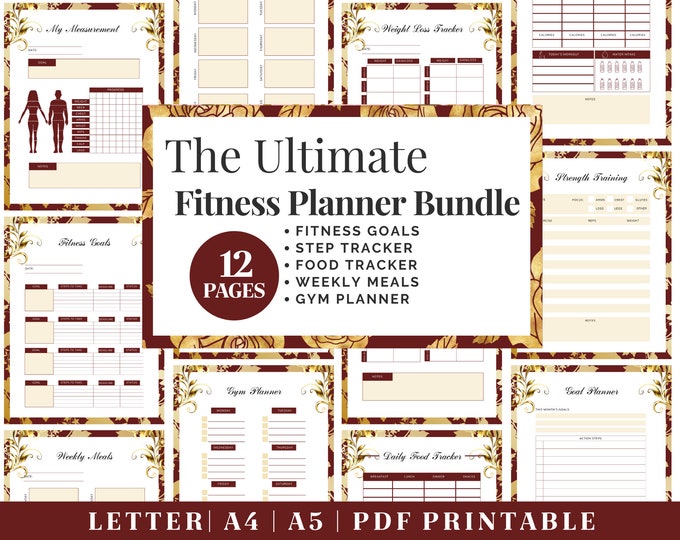 Fitness Planner Printable | Red Healthy Habits Tracker | Digital Download | Printable Planner | US Letter, A4, A5 Journal Template | PDF