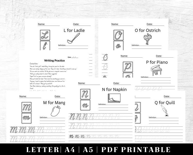 May include: Black and white printable worksheet for learning the alphabet. Each page features a letter, a picture, and a definition. The letters are L, O, P, N, M, and Q. The pictures are a ladle, an ostrich, a piano, a napkin, a mango, and a quill.