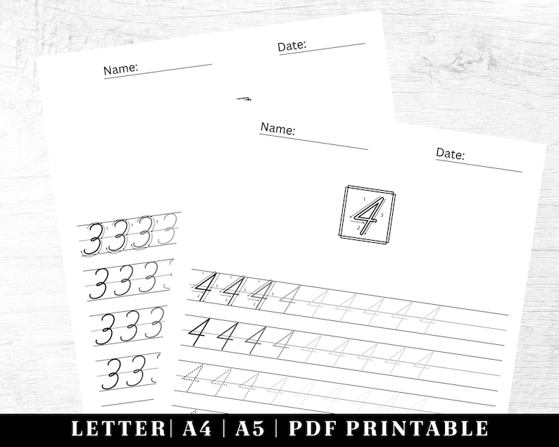 May include: Black and white printable worksheet with the number 4 written in a box at the top. The worksheet has lines for practicing writing the number 4.