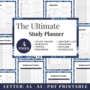Peut inclure: Un planificateur d'études imprimable de quatre pages. Le planificateur présente un motif de feuilles tropicales bleu et blanc. Les pages comprennent des sections pour les heures d'étude, les matières, les sujets, les progrès, les listes d'épicerie, les suivis, les soins aux animaux de compagnie et les horaires.