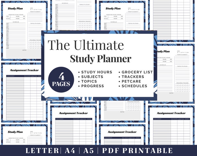 Study Planner Printable | Blue & White Assignment Tracker | Digital Download | Printable Planner | US Letter, A4, A5 Journal Template | PDF