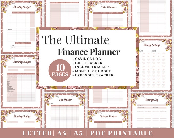 Finance Planner Printable | Rose Gold Budget Tracker | Digital Download | Printable Planner | US Letter, A4, A5 Journal Template | PDF