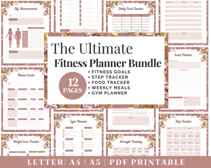 Fitness Planner Printable | Gold Healthy Habits Tracker | Digital Download | Printable Planner | US Letter, A4, A5 Journal Template | PDF