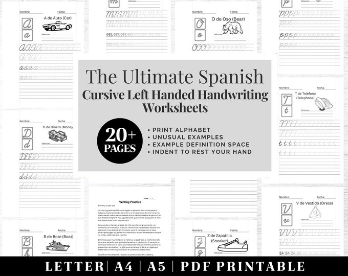 Spanish Cursive Handwriting Practice Worksheets | Printable Neat Handwriting Workbook | Left Handed Adult Hand Lettering Workbook