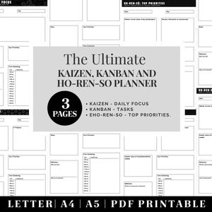Planejador Diário Imprimível | Papelaria Japonesa | Encartes de Planejador Kanban | Planejador de Produtividade Kaizen | Ferramenta de Gerenciamento de Tempo | Planejador de Trabalho