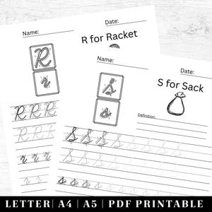 May include: Black and white printable worksheet for learning the letters R and S. The worksheet includes tracing lines for the letters, a picture of a racket and a sack, and the words "R for Racket" and "S for Sack".