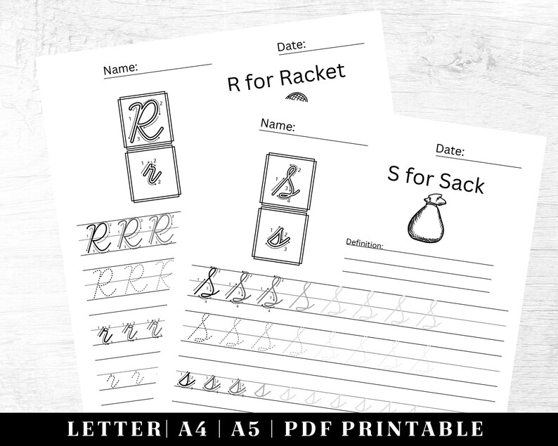 May include: Black and white printable worksheet for learning the letters R and S. The worksheet includes tracing lines for the letters, a picture of a racket and a sack, and the words "R for Racket" and "S for Sack".