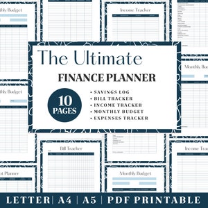Può includere: Un planner finanziario stampabile con un design astratto blu e bianco. Il planner include 10 pagine con sezioni per un budget mensile, un registro di risparmio, un tracker di fatture, un tracker di reddito e un tracker di spese. Il testo "The Ultimate FINANCE PLANNER" è in un grande font nella parte superiore della pagina.