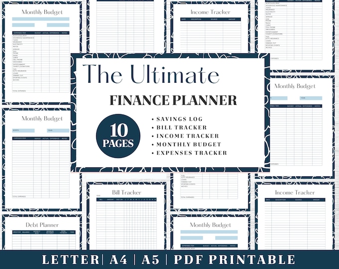 Finance Planner Printable | Blue and White Budget Tracker | Digital Download | Printable Planner | US Letter, A4, A5 Journal Template | PDF