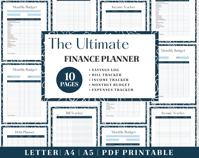 Finance Planner Printable | Blue and White Budget Tracker | Digital Download | Printable Planner | US Letter, A4, A5 Journal Template | PDF