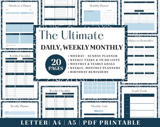 Productivity Planner Printable | Daily Weekly Monthly Tracker | Digital Download | US Letter, A4, A5 Journal Template | PDF