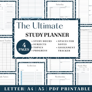 May include: A printable study planner with four pages. The planner includes sections for study hours, subjects, topics, progress, notes, and an assignment tracker. The planner is designed in a blue and white color scheme with a decorative pattern.