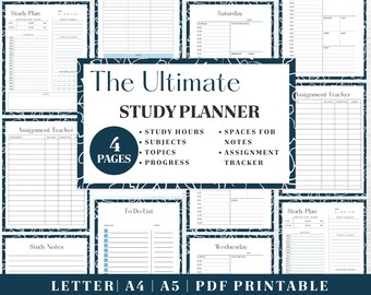May include: A printable study planner with four pages. The planner includes sections for study hours, subjects, topics, progress, notes, and an assignment tracker. The planner is designed in a blue and white color scheme with a decorative pattern.