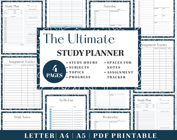 Study Planner Printable | Blue & White Assignment Tracker | Digital Download | Printable Planner | US Letter, A4, A5 Journal Template | PDF