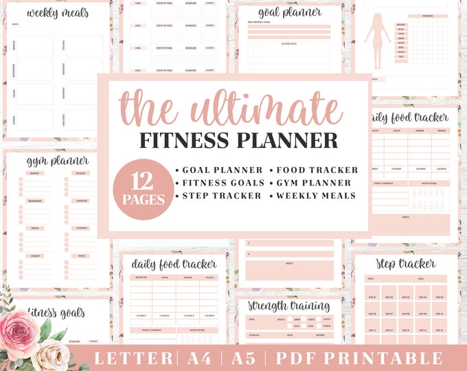 Fitness Planner Printable | Pink Healthy Habits Tracker | Digital Download | Printable Planner | US Letter, A4, A5 Journal Template | PDF
