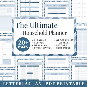 May include: A printable household planner with a blue and white geometric pattern. The planner includes sections for recipes, weekly meal planning, cleaning, grocery lists, trackers, pet care, and schedules. The text "The Ultimate Household Planner" is displayed in a large font at the top of the image. The text "20+ Pages" is displayed in a circle with a blue background. The text "LETTER A4 A5 | PDF PRINTABLE" is displayed at the bottom of the image.