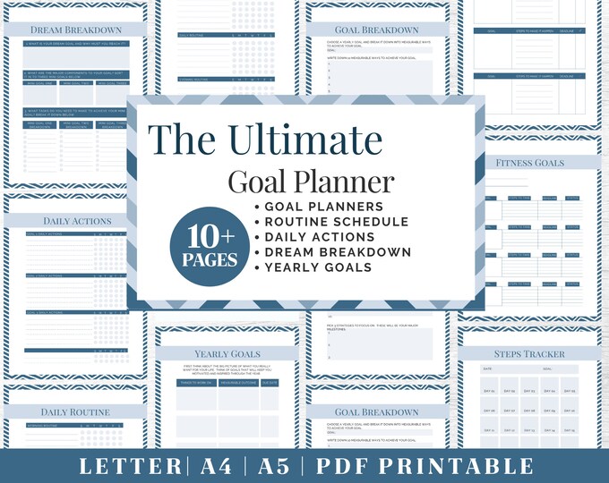 Goals Planner Printable | Blue Productivity Tracker | Digital Download | Printable Planner | US Letter, A4, A5 Journal Template | PDF