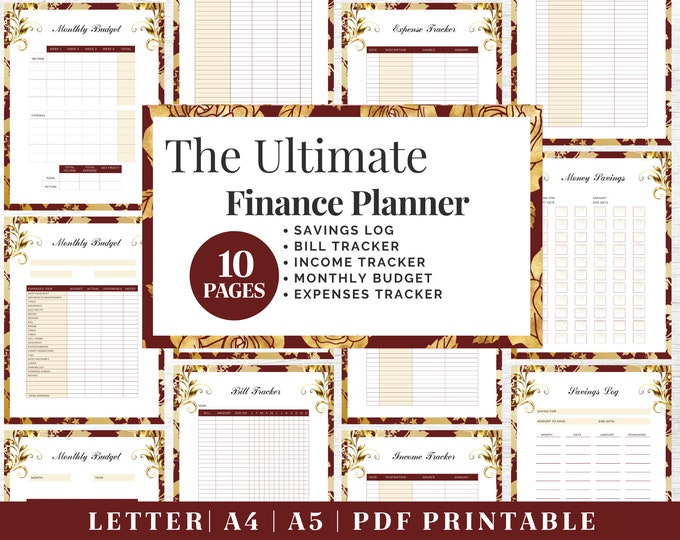 Finance Planner Printable | Red&Gold Floral Budget Tracker | Digital Download | Printable Planner | US Letter, A4, A5 Journal Template | PDF