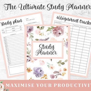 May include: A pink and white printable study planner with floral designs. The planner includes sections for a study plan, assignment tracker, and a title page that says "The Ultimate Study Planner".