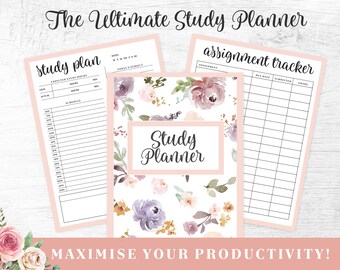 May include: A pink and white printable study planner with floral designs. The planner includes sections for a study plan, assignment tracker, and a title page that says "The Ultimate Study Planner".