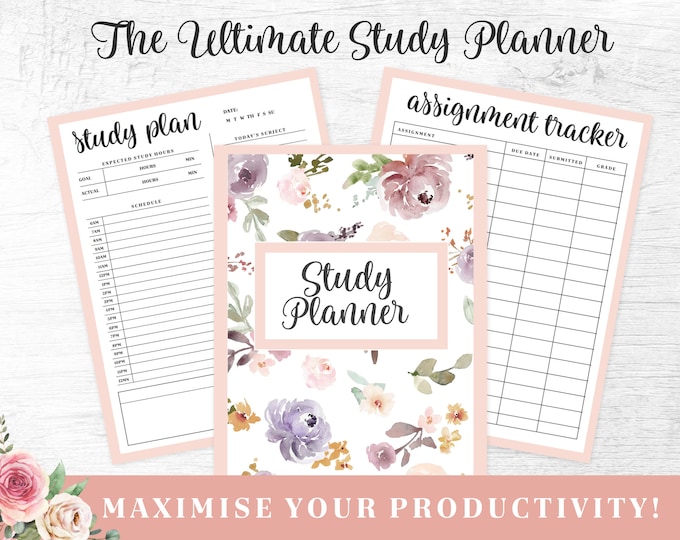 Study Planner Printable | Pink Floral Assignment Tracker | Digital Download | Printable Planner | US Letter, A4, A5 Journal Template | PDF