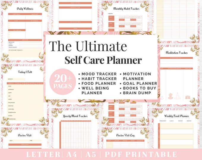 Self-Care Journal Printable | Pink & Gold Wellness Planner | Digital Download | Printable Planner | US Letter, A4, A5 Journal Template | PDF