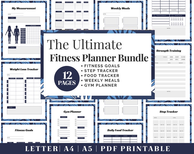 Fitness Planner Printable | Blue Healthy Habits Tracker | Digital Download | Printable Planner | US Letter, A4, A5 Journal Template | PDF