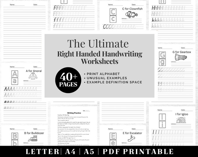 Handwriting Practice Worksheets | Printable Neat Handwriting Workbook | Right Handed Adult Hand Lettering Workbook | Penmanship Practice