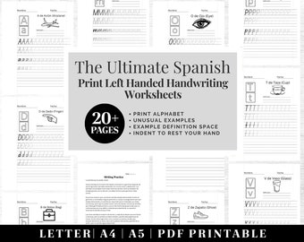 Spanish Print Handwriting Practice Worksheets | Printable Neat Handwriting Workbook | Left Handed Adult Hand Lettering Workbook | Penmanship