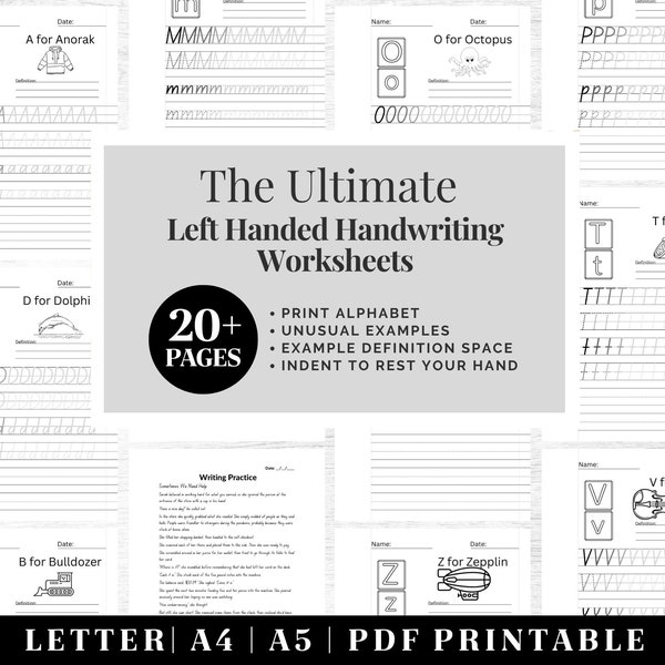 Werkbladen voor handschriftoefeningen | Afdrukbare nette handschriftwerkmap | Linkshandige volwassen handbelettering werkmap | Handschriftpraktijk