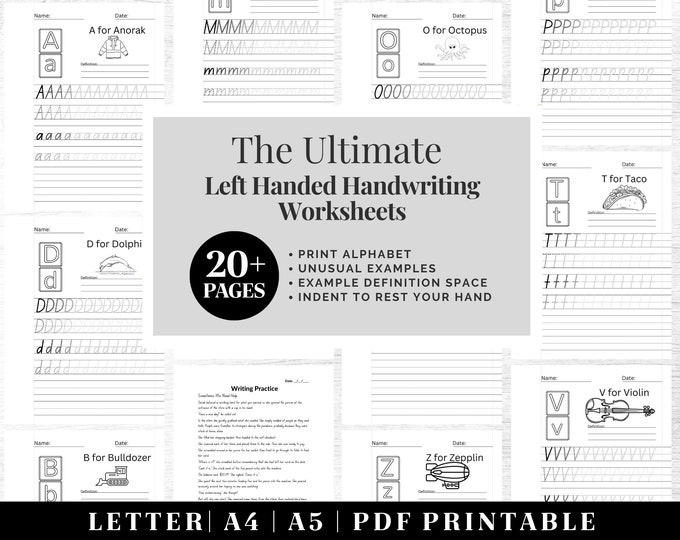 Handwriting Practice Worksheets | Printable Neat Handwriting Workbook | Left Handed Adult Hand Lettering Workbook | Penmanship Practice