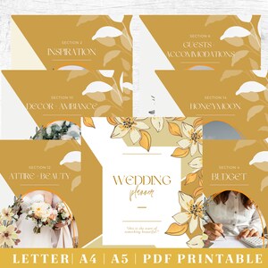 May include: A printable wedding planner with a yellow and white floral design. The planner is divided into sections for inspiration, guests, accommodations, decor, attire, budget, and honeymoon.