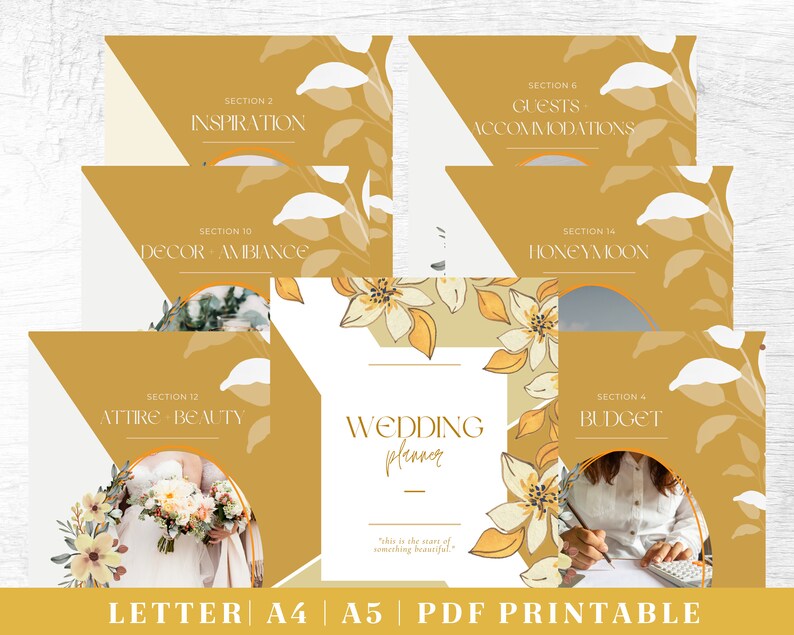 May include: A printable wedding planner with a yellow and white floral design. The planner is divided into sections for inspiration, guests, accommodations, decor, attire, budget, and honeymoon.