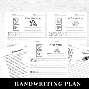 May include: Black and white printable handwriting practice worksheets for the letters V, W, X, and Y. Each worksheet features a letter, a definition, and a practice area for tracing the letter.