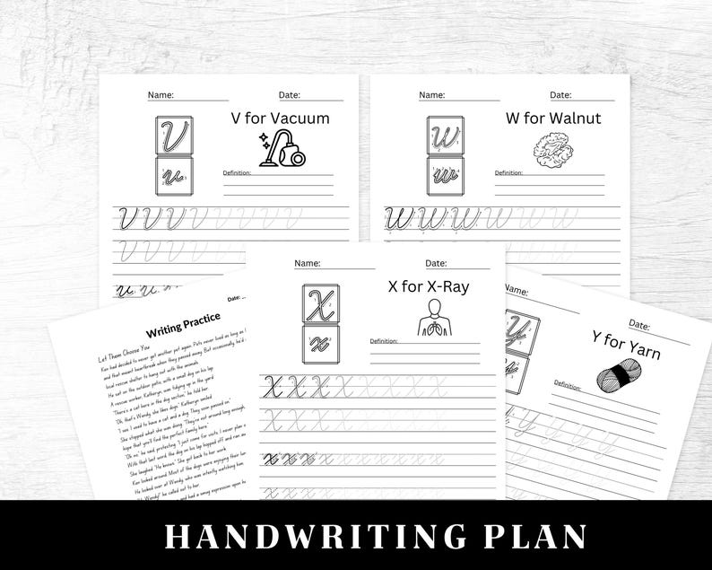 May include: Black and white printable handwriting practice worksheets for the letters V, W, X, and Y. Each worksheet features a letter, a definition, and a practice area for tracing the letter.
