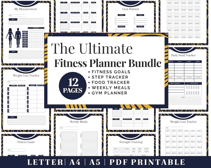 Fitness Planner Printable | Blue Healthy Habits Tracker | Digital Download | Printable Planner | US Letter, A4, A5 Journal Template | PDF