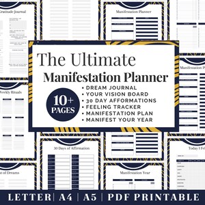 Diario de manifiesto imprimible / Planificador de gratitud azul/amarillo / Descarga digital / Planificador imprimible / Plantilla de diario en tamaño carta, A4 y A5 de EE. UU. / PDF